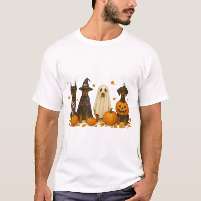 Doberman Halloween Fall Dogs Pumpkin Ghosts T-Shirt (Front)