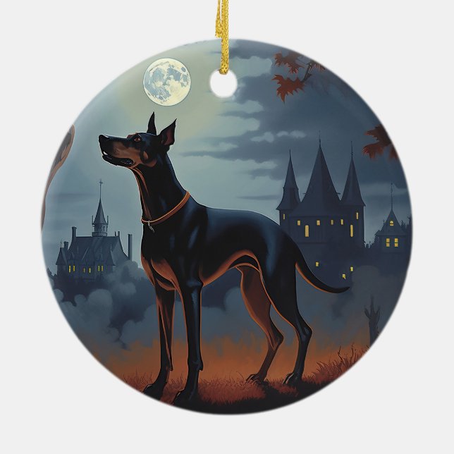 Doberman Halloween Scary Ceramic Ornament (Back)
