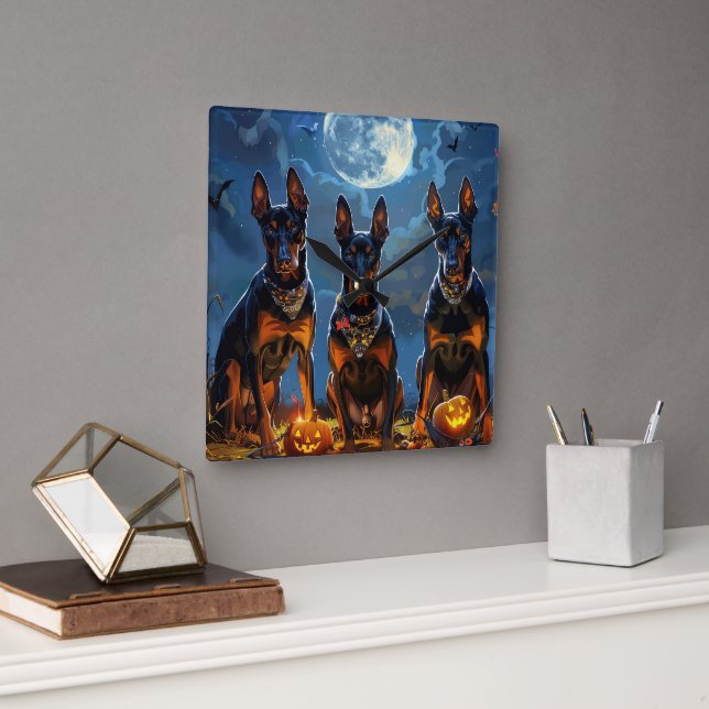 Doberman Halloween Spooky Square Wall Clock (Office)