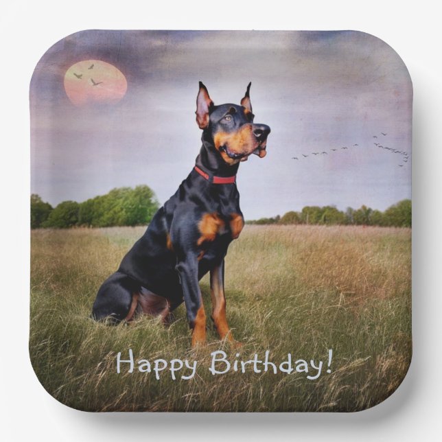 Doberman Happy Birthday Paper Plate (Front)