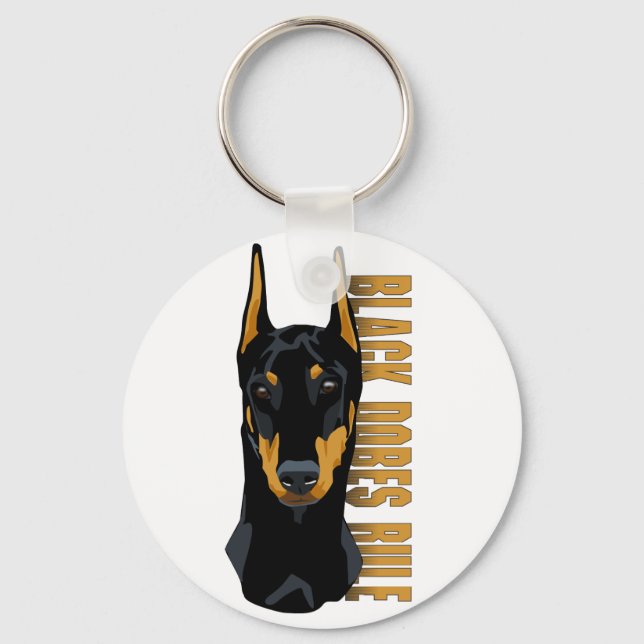 Doberman Head, Black Dobes Rule Key Ring (Front)