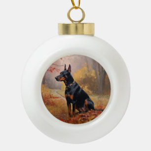 Doberman in Autumn Leaves Fall Inspire Ceramic Ball Christmas Ornament
