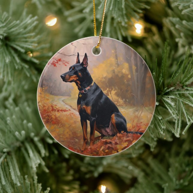 Doberman in Autumn Leaves Fall Inspire  Ceramic Ornament (Tree)