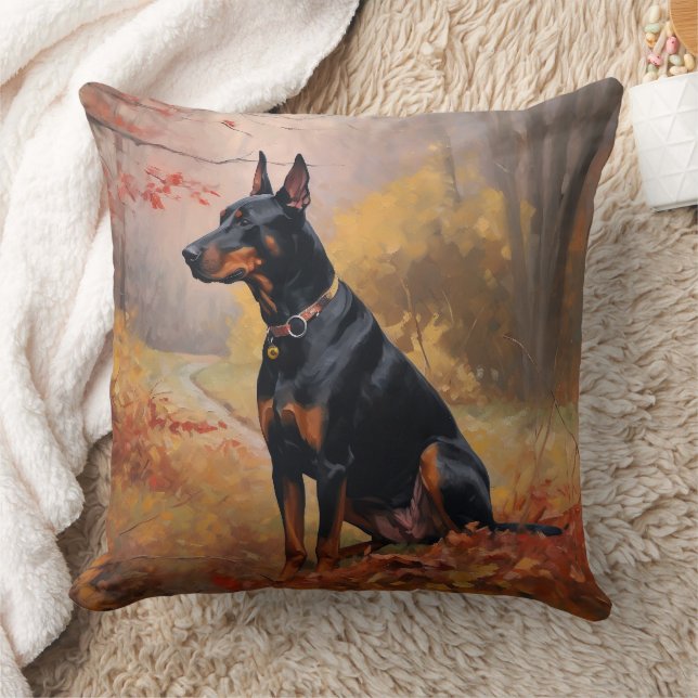 Doberman in Autumn Leaves Fall Inspire  Cushion (Blanket)
