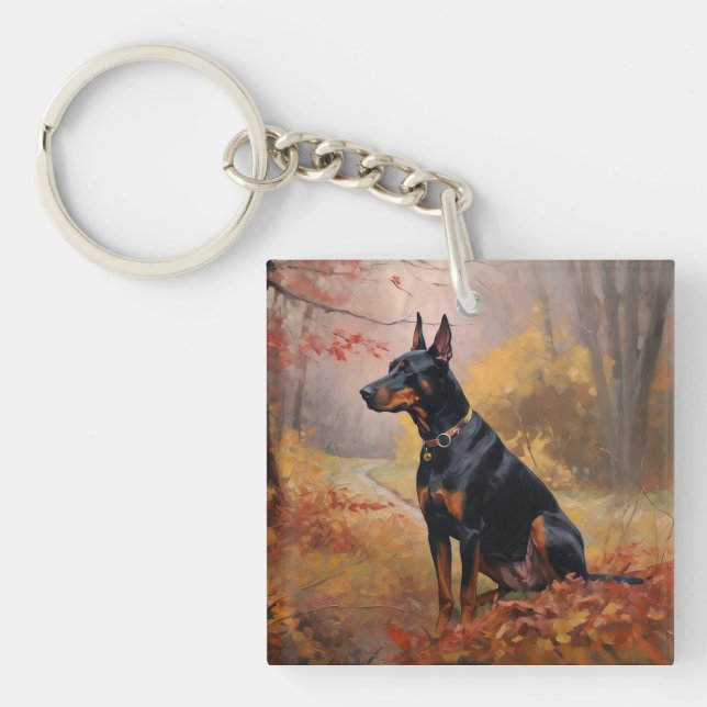 Doberman in Autumn Leaves Fall Inspire  Key Ring (Front)
