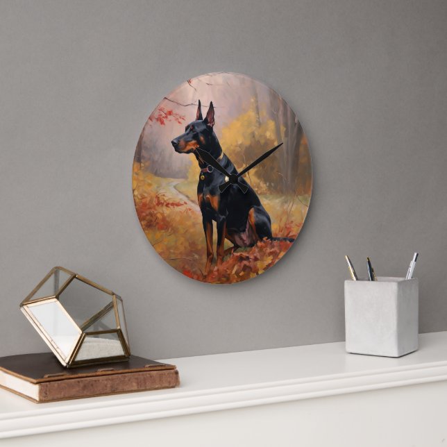 Doberman in Autumn Leaves Fall Inspire  Large Clock (Office)