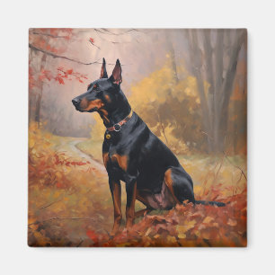 Doberman in Autumn Leaves Fall Inspire  Magnet