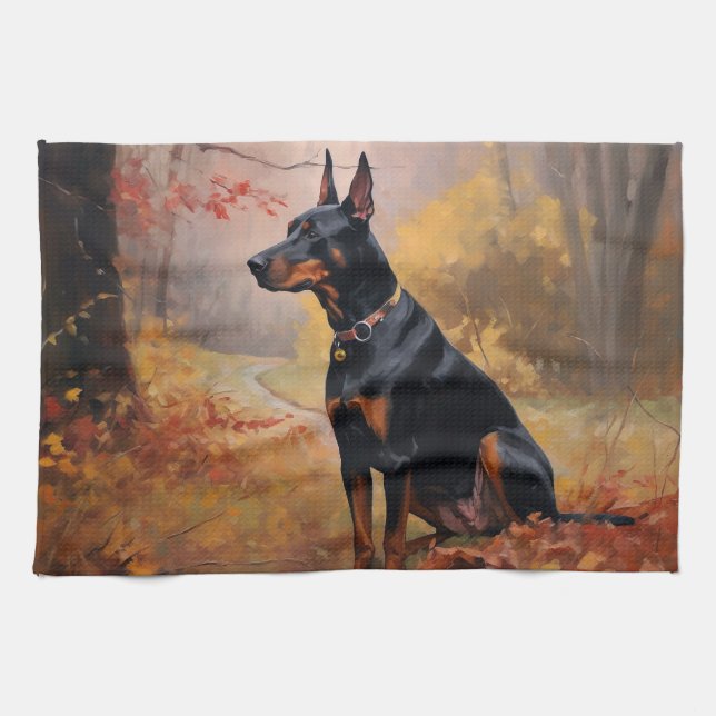 Doberman in Autumn Leaves Fall Inspire  Tea Towel (Horizontal)