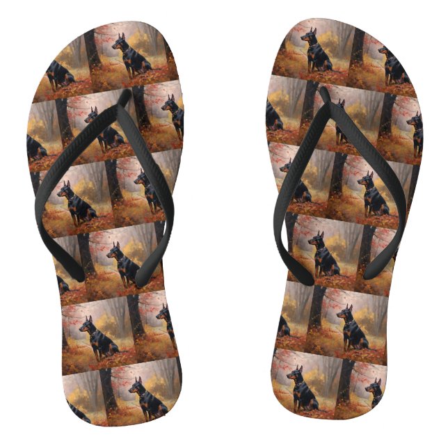 Doberman in Autumn Leaves Fall Inspire  Thongs (Footbed)