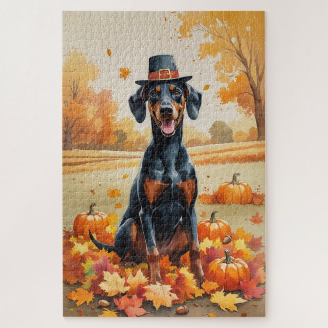 Doberman In Autumn Leaves Thanksgiving Art Jigsaw Puzzle (Vertical)