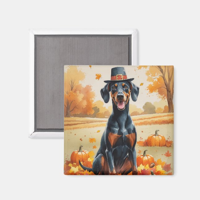 Doberman In Autumn Leaves Thanksgiving Art Magnet (Front/Back)