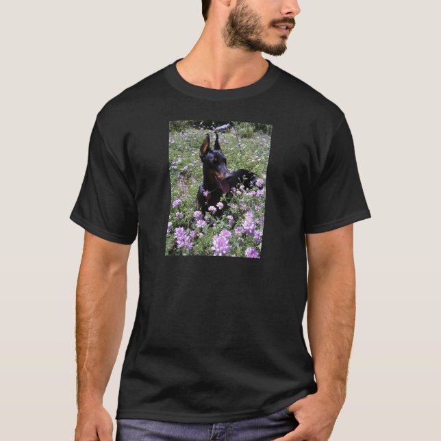 Doberman in Flower Patch T-Shirt (Front)