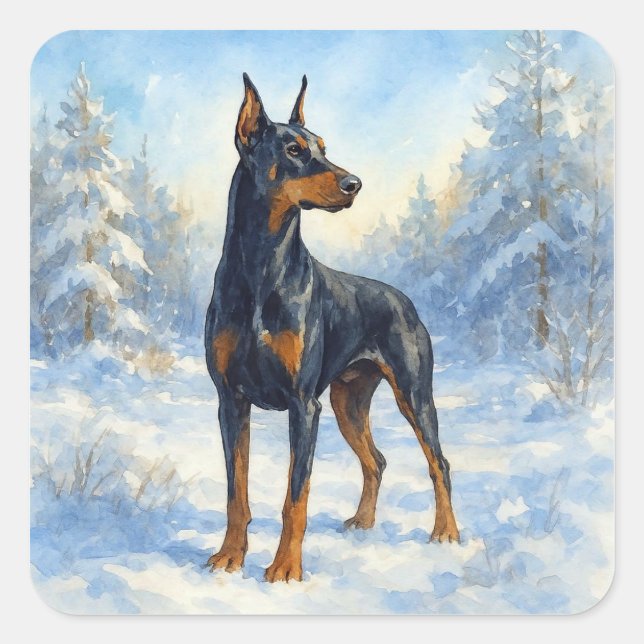 Doberman in Winter Snow Square Sticker (Front)