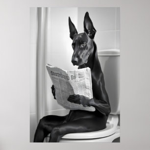 Doberman on Toilet, Newspaper, Funny Bathroom Art Poster