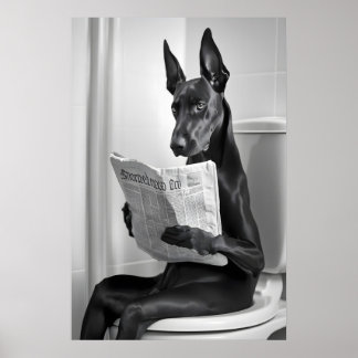 Doberman on Toilet, Newspaper, Funny Bathroom Art Poster