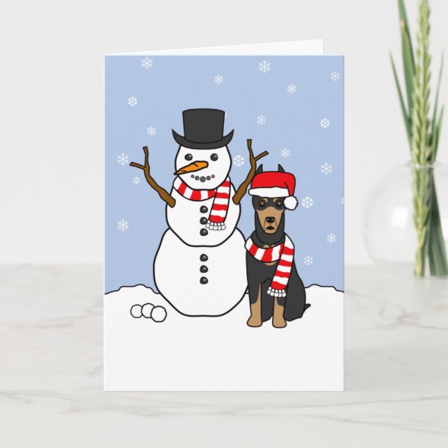 Doberman Pinscher and Snowman Holiday Card (Front)