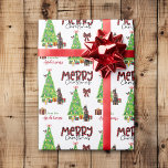 Doberman Pinscher, Bird and Christmas Tree Wrapping Paper<br><div class="desc">The repeated pattern on this cute Christmas wrapping paper is an image of a Doberman Pinscher dog wearing a red tie scarf. The dog sits among brightly wrapped gift packages beside a decorated Christmas tree. A bullfinch bird is landing on the tree behind it. Stylised red and black buffalo plaid...</div>