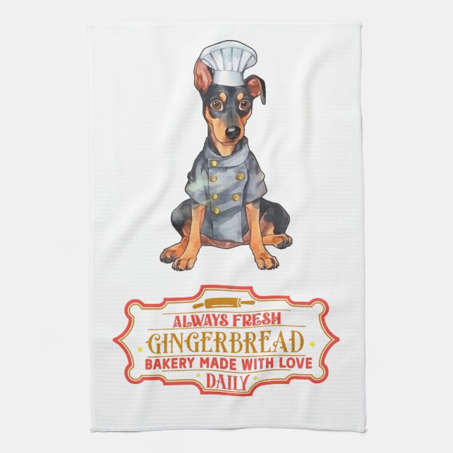 Doberman Pinscher Chef Baking Gingerbread Tea Towel (Vertical)