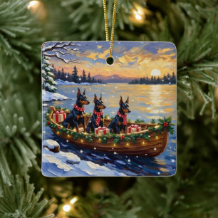 Doberman Pinscher Christmas Boat Holiday Ceramic Ornament