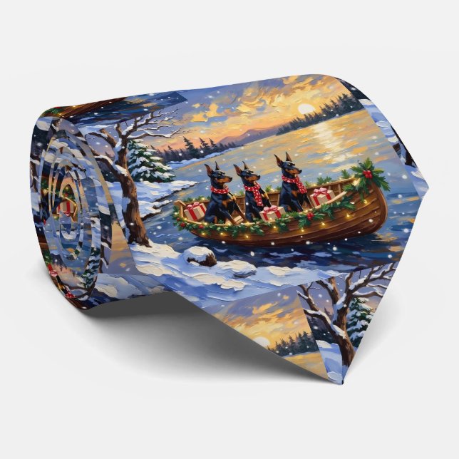Doberman Pinscher Christmas Boat Holiday Tie (Rolled)