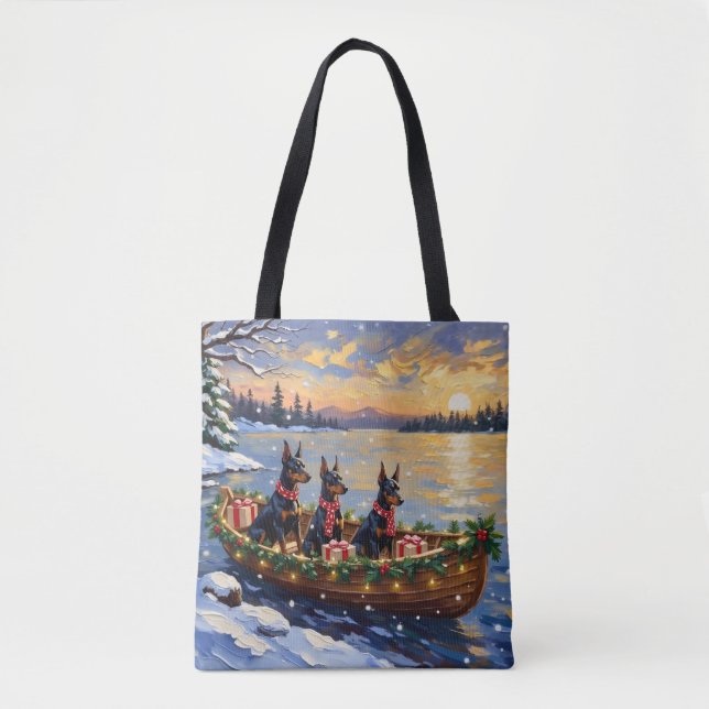 Doberman Pinscher Christmas Boat Holiday Tote Bag (Front)