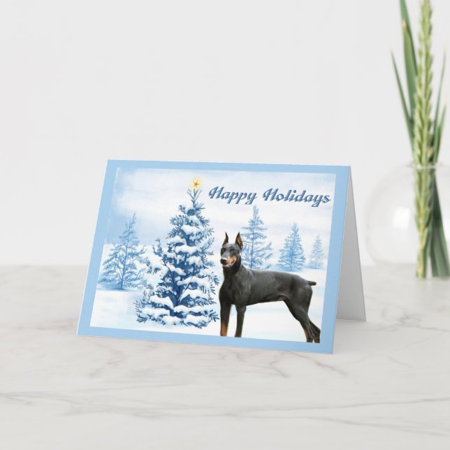 Doberman Pinscher Christmas Card Blue Tree (Front)