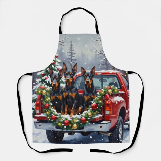 Doberman Pinscher Christmas Red Truck Holiday Apron (Front)