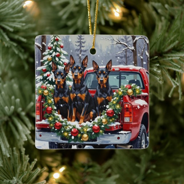 Doberman Pinscher Christmas Red Truck Holiday Ceramic Ornament (Tree)