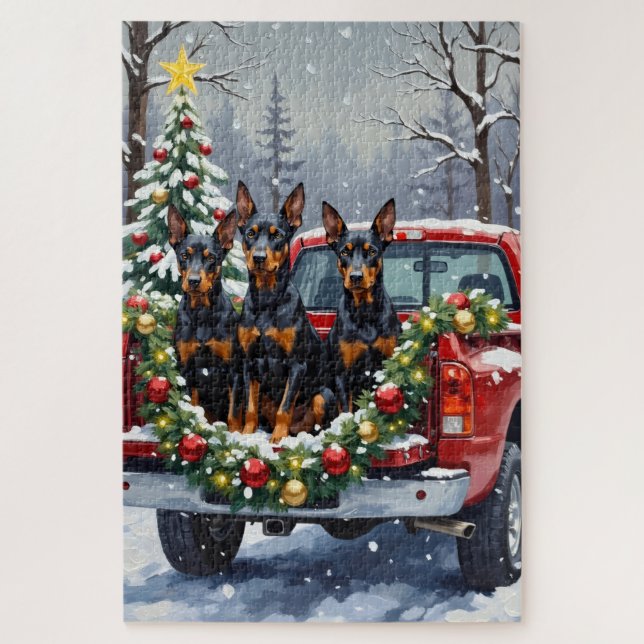 Doberman Pinscher Christmas Red Truck Holiday Jigsaw Puzzle (Vertical)