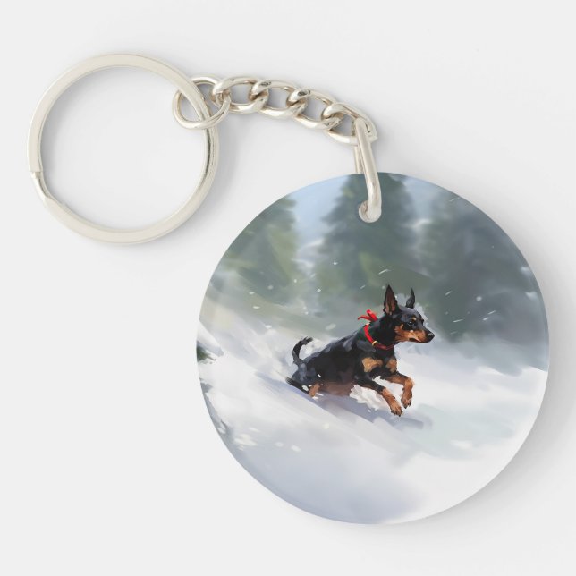 Doberman Pinscher Christmas snow winter Key Ring (Front)