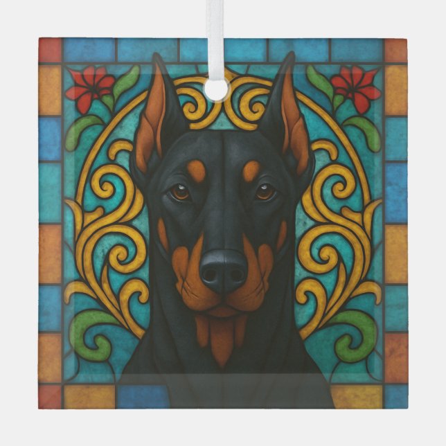 Doberman Pinscher Cropped Dog "Stained Glass"  Glass Tree Decoration (Front)