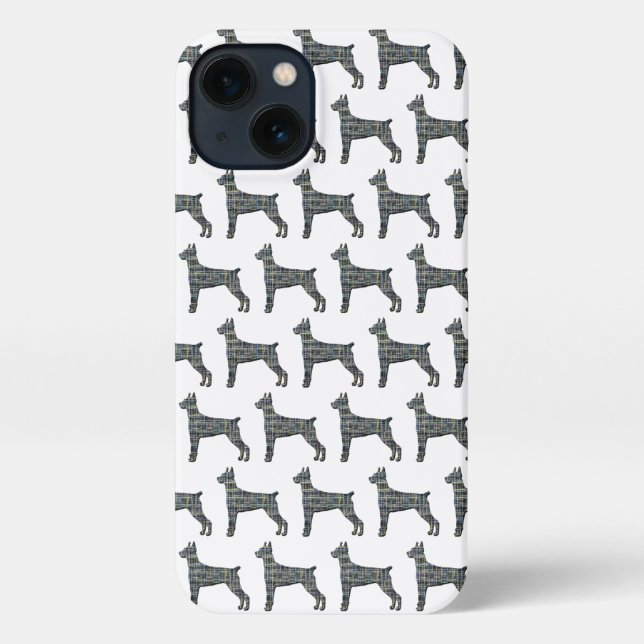 Doberman Pinscher Cute Dog Silhouette Grid White iPhone Case (Back)