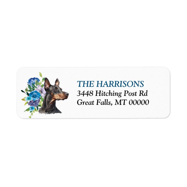 Doberman Pinscher Dog Blue Floral Return Address Label (Front)