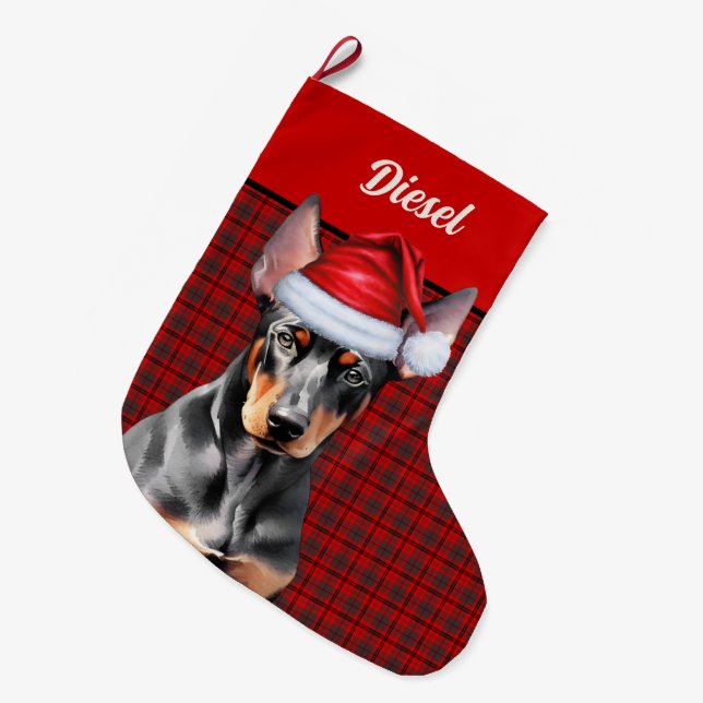 Doberman Pinscher Dog Holiday Plaid Personalised Large Christmas Stocking (Front (Hanging))