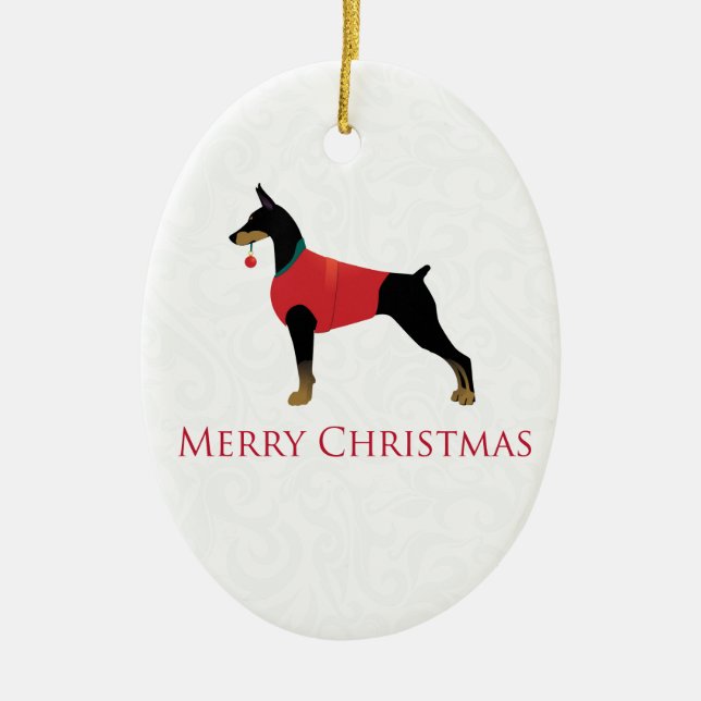 Doberman Pinscher Dog Merry Christmas Design Ceramic Ornament (Front)