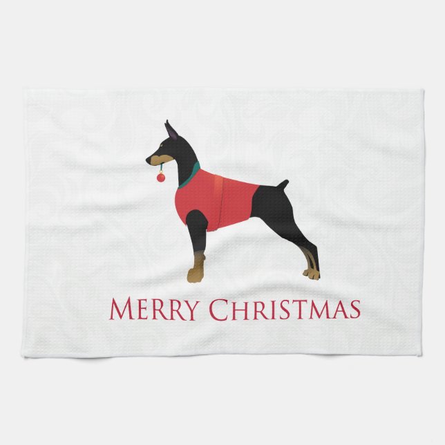 Doberman Pinscher Dog Merry Christmas Design Tea Towel (Horizontal)