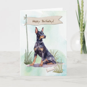 Doberman Pinscher Dog Outdoors Under Birthday Sign Card