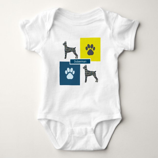 Doberman Pinscher Dog & Paw Yellow & Blue Grid Baby Bodysuit (Front)