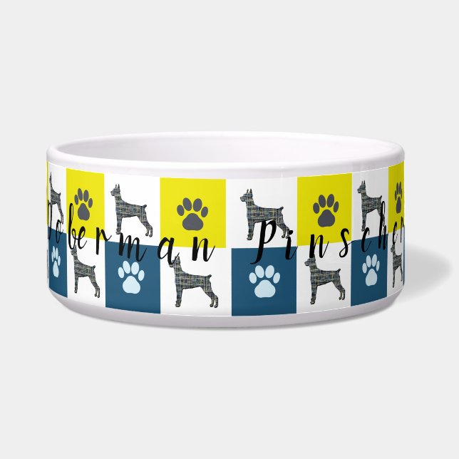 Doberman Pinscher Dog & Paw Yellow Grid Pet Bowl (Front)