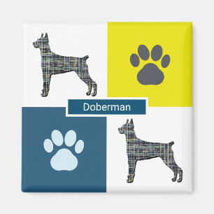 Doberman Pinscher Dog Silhouette & Paw Y&B Grid Magnet
