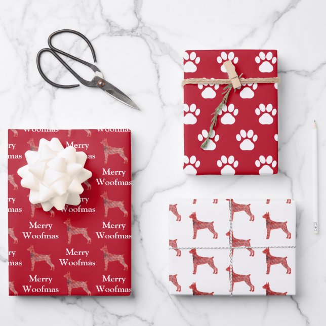 Doberman Pinscher Dog Silhouette Red Merry Woofmas Wrapping Paper Sheet (Front)