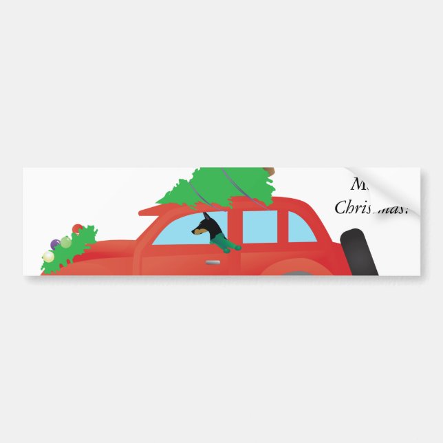 Doberman Pinscher driving car w/ Christmas tree Bumper Sticker (Front)