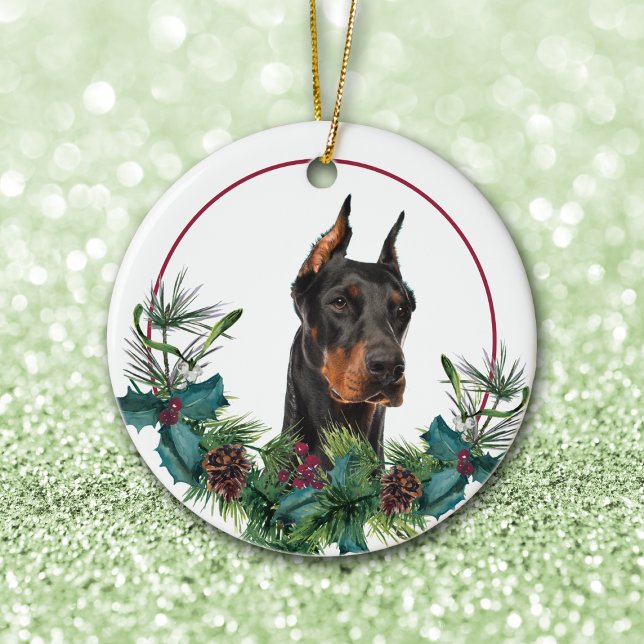 Doberman Pinscher Evergreen Berry Wreath Ceramic Ornament (Creator Uploaded)