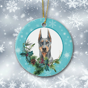 Doberman Pinscher Evergreen Blue Snowflake Ceramic Ornament