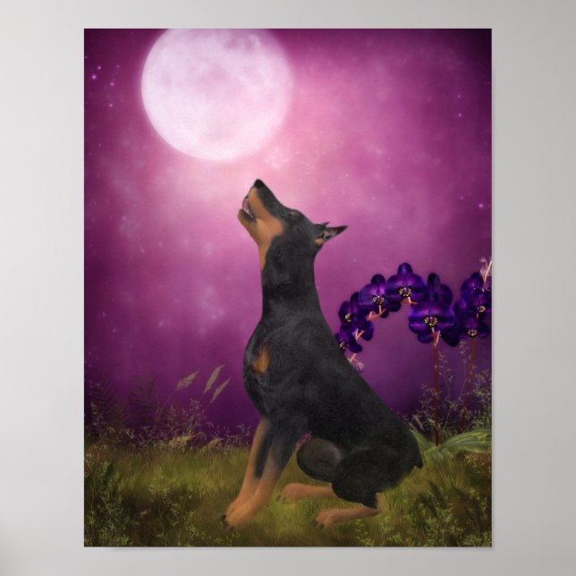 Doberman Pinscher Fantasy Orchids Dog Art Poster (Front)