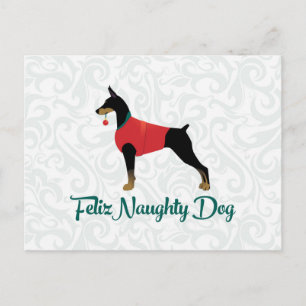 Doberman Pinscher Feliz Naughty Dog Christmas Holiday Postcard