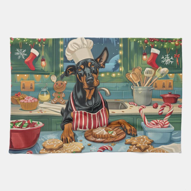 Doberman Pinscher Holiday Baking Festive Christmas Tea Towel (Horizontal)