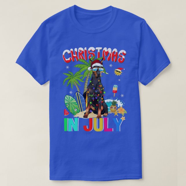 Doberman Pinscher in Santa Hat Sunglasses Christma T-Shirt (Design Front)