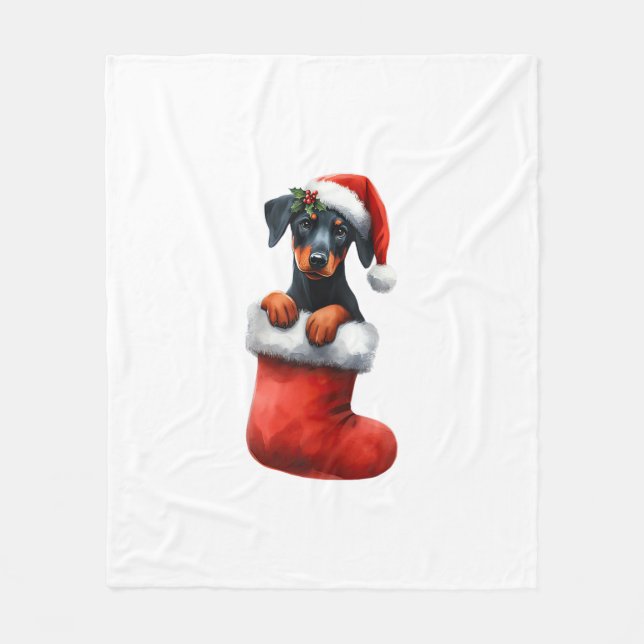 Doberman Pinscher In Sock Christmas Santa Hat Xmas Fleece Blanket (Front)