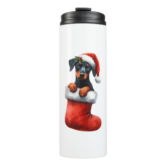 Doberman Pinscher In Sock Christmas Santa Hat Xmas Thermal Tumbler (Front)